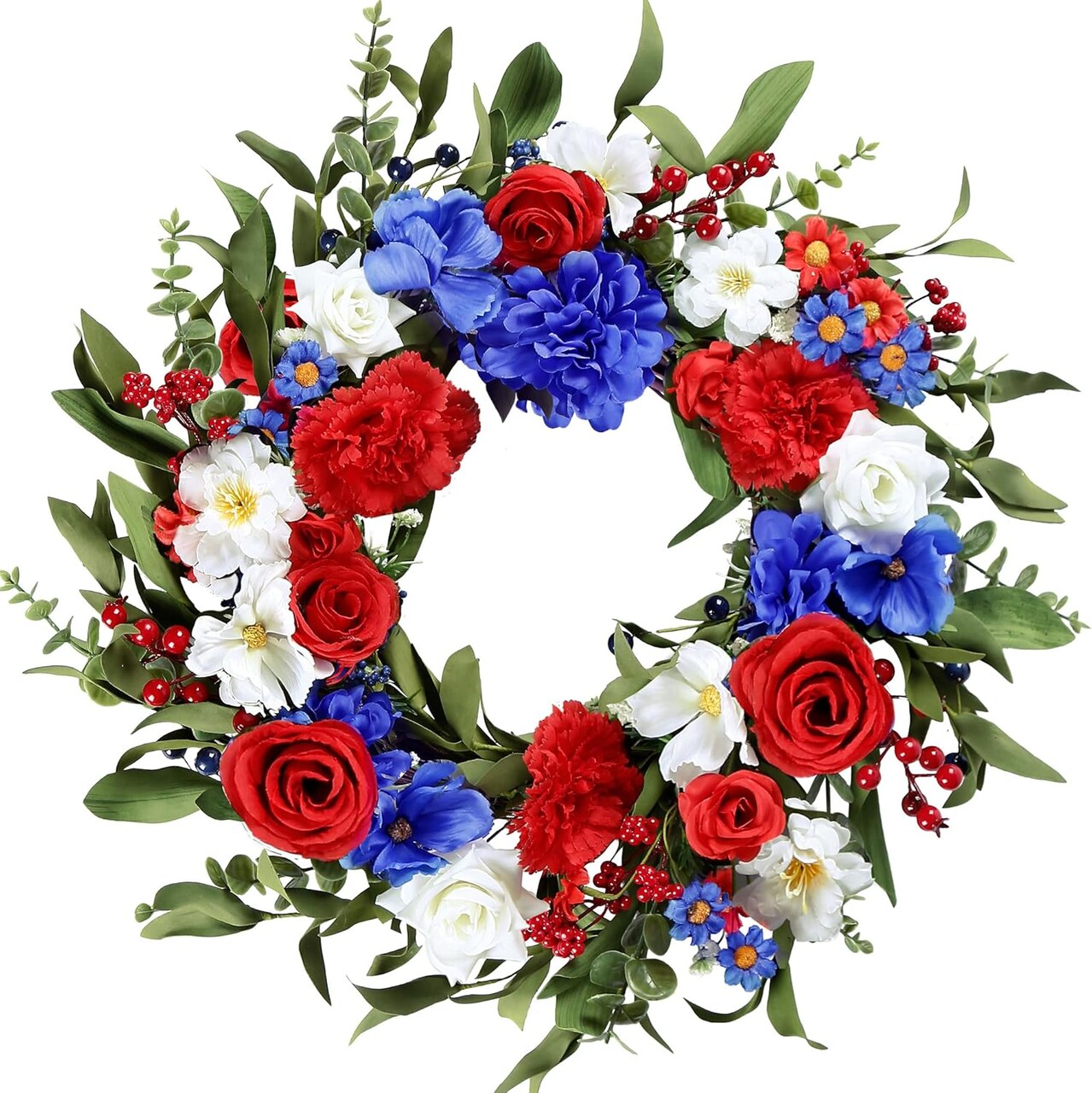 20-Inch 4th of July Wreath – Patriotic Red, White & Blue Flower Door Decoration for Independence Day, Memorial Day & Veterans Day